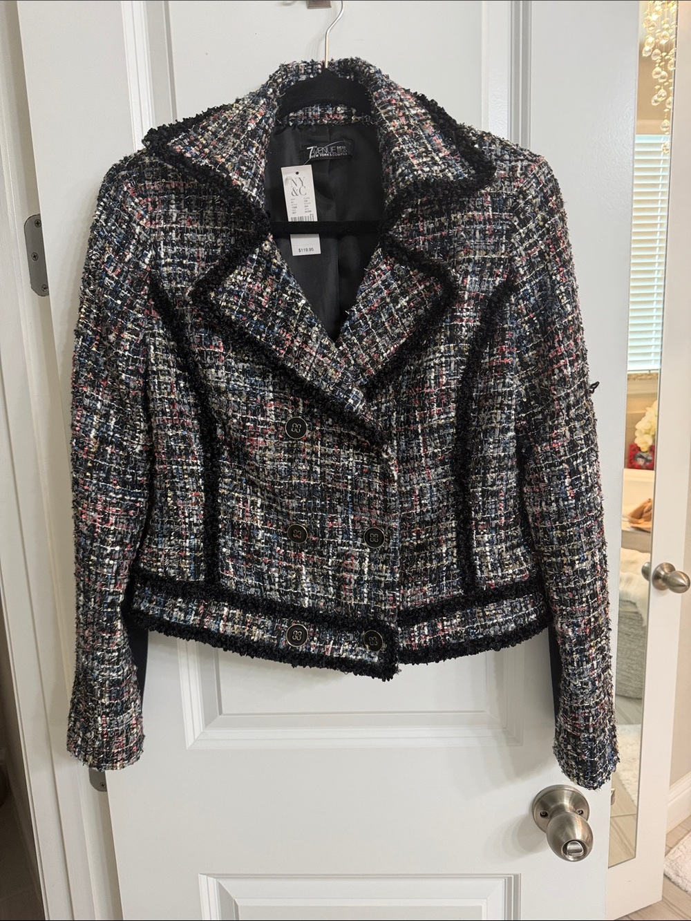 New York & Company Black Multi Tweed Cropped Double-Breasted Blazer